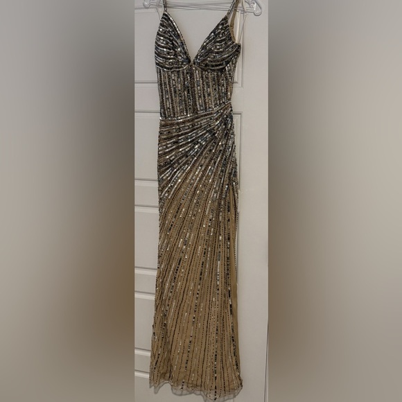 Primavera Gold Spaghetti strap Gown for Prom - Picture 4 of 6